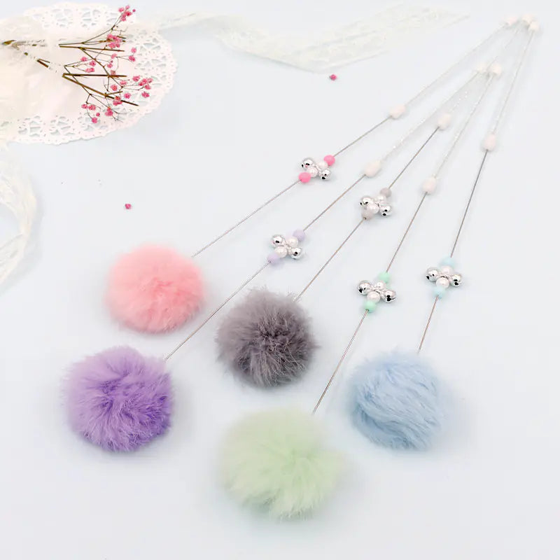 Colorful Pom Pom Cat Teaser Wand with Bell Toy